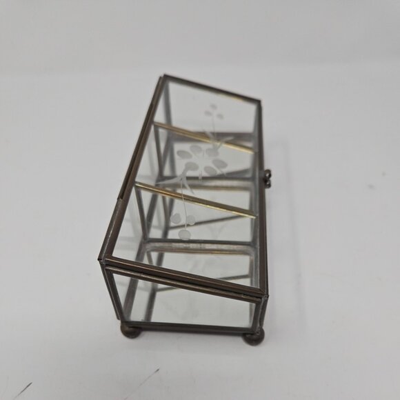 Vintage Mirrored Brass Leaded Etched Glass Divided Jewelry Trinket Box Casket - Picture 5 of 7